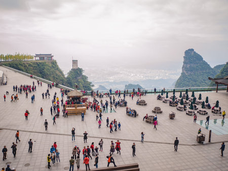 zhangjiajie/China-15 october 2018:Crowd of Tourist on Heaven gate cave of tianmen mountain national park at Zhangjiajie city china.Travel destination of Hunan zhangjiajie city Chinaのeditorial素材