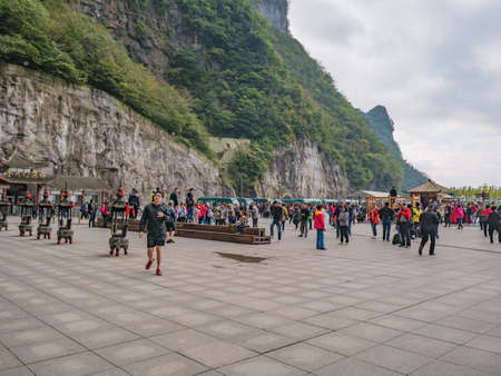 zhangjiajie/China-15 october 2018:Crowd of Tourist on Heaven gate cave of tianmen mountain national park at Zhangjiajie city china.Travel destination of Hunan zhangjiajie city Chinaのeditorial素材