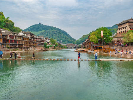fenghuang,Hunan/China-16 October 2018:Unacquainted with Scenery view of fenghuang old town .phoenix ancient town or Fenghuang County is a county of Hunan Province, Chinaのeditorial素材