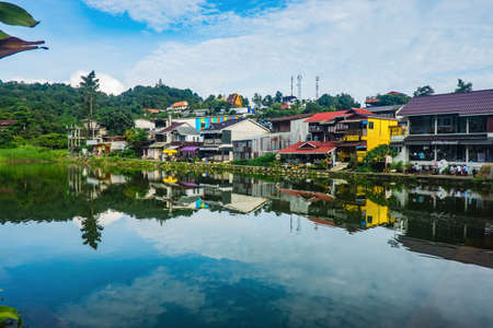 Kanchanaburi/Thailand-2 July 2017:Etong village the hidden village in the mist and the lake in front of village at kanchanaburi city Thailand.Pilok mine The Old mine near the Thai-Myanmar borderのeditorial素材