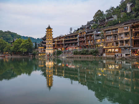 fenghuang,Hunan/China-16 October 2018:Scenery view of fenghuang old town .phoenix ancient town or Fenghuang County is a county of Hunan Province, Chinaのeditorial素材