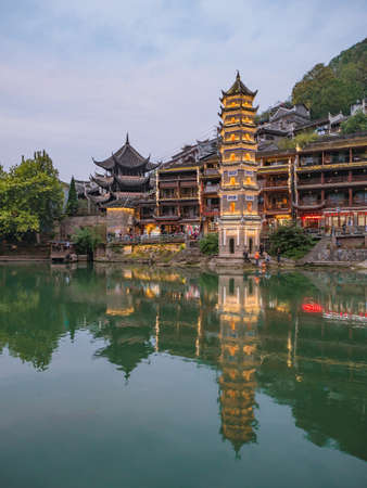 fenghuang,Hunan/China-16 October 2018:Scenery view of fenghuang old town .phoenix ancient town or Fenghuang County is a county of Hunan Province, Chinaのeditorial素材