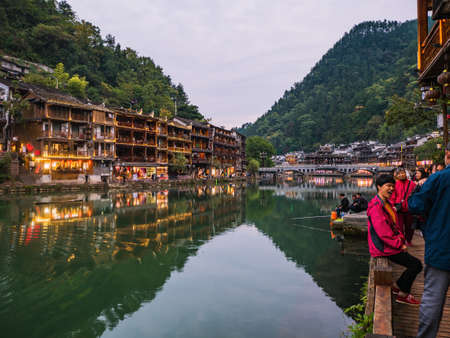 fenghuang,Hunan/China-16 October 2018:Scenery view of fenghuang old town .phoenix ancient town or Fenghuang County is a county of Hunan Province, Chinaのeditorial素材
