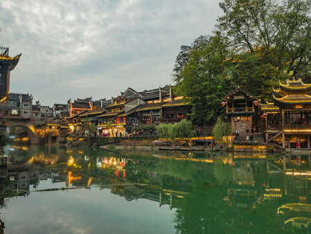 fenghuang,Hunan/China-16 October 2018:Scenery view of fenghuang old town .phoenix ancient town or Fenghuang County is a county of Hunan Province, Chinaのeditorial素材