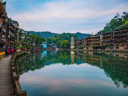 fenghuang,Hunan/China-16 October 2018:Scenery view of fenghuang old town .phoenix ancient town or Fenghuang County is a county of Hunan Province, Chinaのeditorial素材