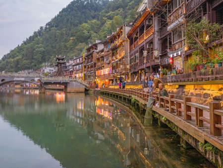 fenghuang,Hunan/China-16 October 2018:Scenery view of fenghuang old town .phoenix ancient town or Fenghuang County is a county of Hunan Province, Chinaのeditorial素材