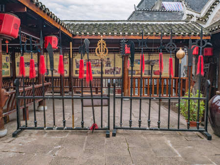 fenghuang,Hunan/China-16 October 2018:Chinese ancientweapon in architecture in fenghuang old town .phoenix ancient town or Fenghuang County is a county of Hunan Province, Chinaのeditorial素材