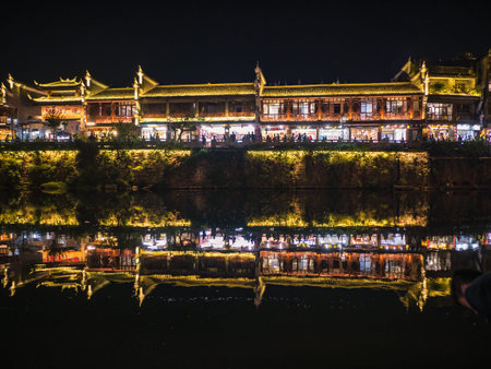 fenghuang,Hunan/China-16 October 2018:Scenery view in the night of fenghuang old town .phoenix ancient town or Fenghuang County is a county of Hunan Province, Chinaのeditorial素材