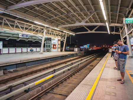 Bangkok/Thailand-15 Feb 2019:Unacquainted people on wongwianyai BTS SkyTrain in Bangkok City...