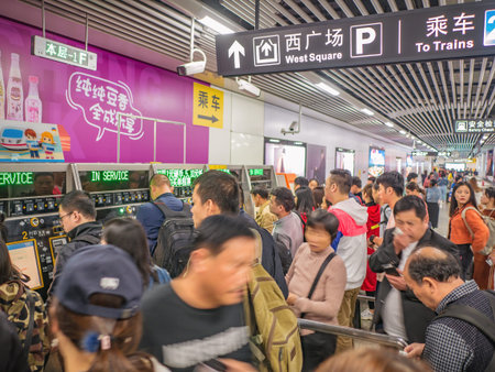 Changsha/China-17 October 2018:Crowd of Unacquainted people with subway ticket machine in Changsha...