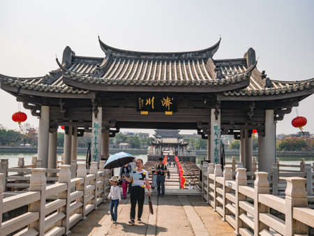 Chaozhou/China-02 April 2018:Unacquainted people on Guangji Bridge at Chaozhou City China.also known as Xiangzi Bridge,is an ancient bridge that crosses the Han River east of Chaozhouのeditorial素材