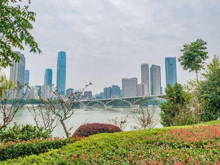 Changsha/China-18 October 2018:Changsha cityscape view from Orange Island Park Changsha city hunan China.changsha is the capital and most populous city of Hunanのeditorial素材