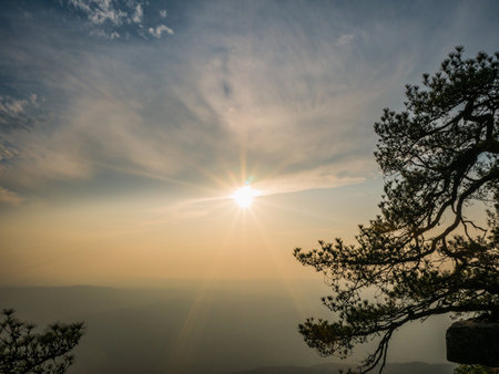 Beautiful Sunset of Lomsak Cliff on Phu Kradueng mountain national park in Loei City Thailand.Phu Kradueng mountain national park the famous Travel destinationの写真素材
