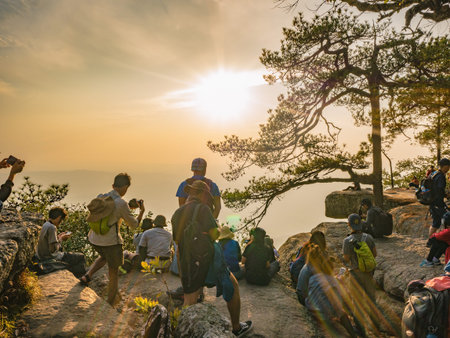 Loei/Thailand-17 Feb 2019:Unacquainted People with Beautiful Sunset of Lomsak Cliff Phu Kradueng mountain national park in Loei City Thailand.Phu Kradueng national park the famous Travel destinationのeditorial素材
