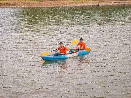 Vangvieng/lao-4 Dec 2017:Motion of Unacquainted Tourist Kayaking on Nam Song River in vangvieng...