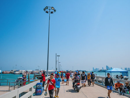 Chonburi/Thailand -20 apr 2019:Crowd of people walking on Bali Hai Pier in Pattaya city.Bali Hai Pier the harbor transit between Pattaya and Koh larn islandのeditorial素材