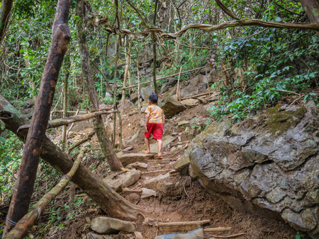 Vangvieng/lao-10 Dec 2017:Small local guide walking and navigate to the top of Pha Ngeun in...