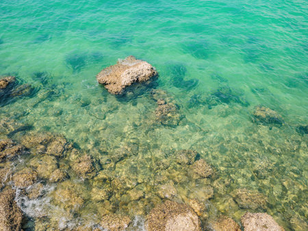 Beautiful rocky beach on koh lan island near pattaya Thailandの写真素材