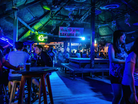 Vangvieng/lao-10 Dec 2017:Unacquainted People hangout in Sakura bar at vangvieng City Laos.Vangvieng City The famous holiday destination town in Lao.のeditorial素材
