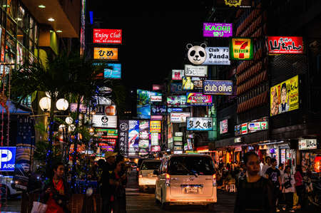 Bangkok/Thailand-3 dec 2019:Unacquainted tourist or people walking in Soi thaniya Silom Road Bangkok Thailand in the night.Silom is undoubtedly one of Bangkok's most important financial districtsのeditorial素材