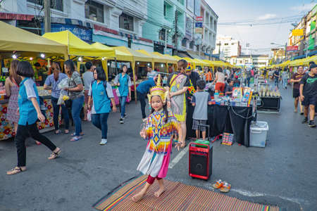 Krabi/Thailand-22 July 2017:Thai Small Girl Street performers Dancing thai folk dance on Krabi city walking street.Krabi - in southern Thailand is one of the most relaxing places on the planet.のeditorial素材