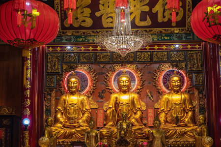 Bangkok/thailand- 14 Dec 2019:Golden buddha statue in Wat Mangkon Kamalawat  Bangkok city...