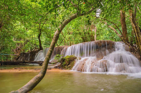 Landscape of Huai mae khamin waterfall Srinakarin national park at Kanchanaburi thailand.Huai mae khamin waterfall sixth floor "Dong Phi Sue"の写真素材