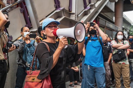 Bangkok/thailand-29/10/2020:Anti-government mob protester speech in front of silom complex with the...