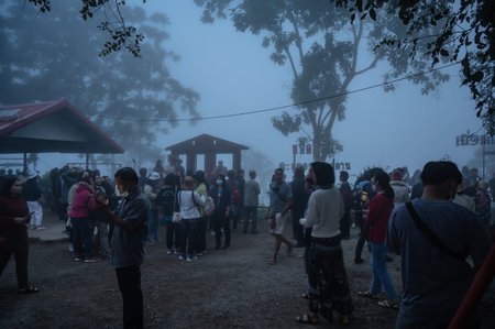 loei-Thailand-24 oct 2020:Unacquainted People waiting for sunrise on phu thok  at chiang khan in the...