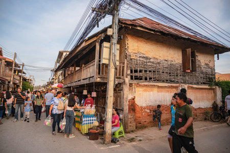 Loei-Thailand-24 oct 2020:Unacquainted People walking on chiang khan walking street at loei thailand.Chiang Khan is an old town and a very popular destination for Thai touristsのeditorial素材