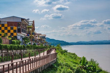 loei-Thailand-24 oct 2020:Chiang khan cityscape building with landscape view of maeklong river at loei thailand.Chiang Khan is an old town and a very popular destination for Thai touristsのeditorial素材
