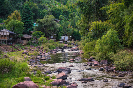 Landscape view of mountains and river of Sapan Village At nan Thailand.Sapan is Small and tranquil Village in the mountain.Thailand destination travelの写真素材