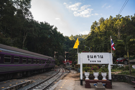 Lamphun.thailand-18.12.2021:Khuntan train staiton sign at Lamphun city thailand.The Khun Tan Range...