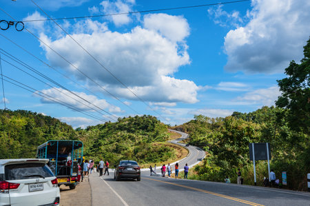 Nan.thailand-19.12.2021:Road No.1081 way from Pua District to Bo Kluea District, Nan THAILAND.The famous view point and that tourists must stop by to check in at nan. Curvy road looks like number 3.のeditorial素材