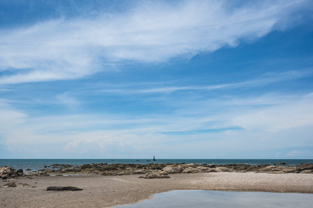 Landscape view of huahin beach with endless horizon at Prachuap Khiri Khan thaailand.Hua Hin Beach is one of the most popular beaches in Thailandの写真素材
