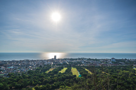Cityscape view of huahin district from Khao hin lek fai view point sigh. Khao Hin Lek Fai is a place to see a spectacular view of the entire town.Also know as khao radar in local people or Flintstone hillの写真素材