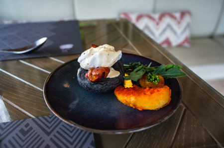 close up benedict egg on the toast  breakfastの写真素材