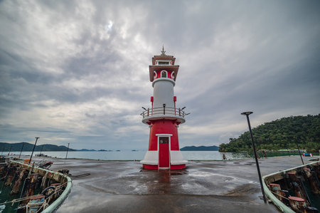 Bang Bao Lighthouse with cloudy sky at koh chang trat thailand.Lighthouse on a bang bao pier on koh chang island.の写真素材