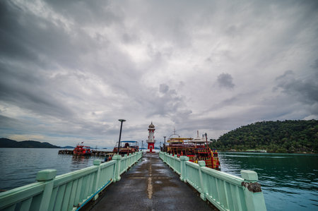 Bang Bao Lighthouse with cloudy sky at koh chang trat thailand.Lighthouse on a bang bao pier on koh chang island.の写真素材