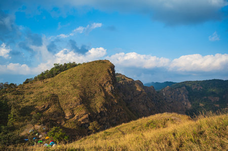 Beautiful mountain range and campground on khao san nok wua kanchanaburi.Khao San Nok Wua is the highest mountain in Khao Laem National Park. It is 1767 meters above sea level.の写真素材