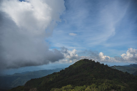 Beautiful landscape view and layers mountain on the monjong mountain.Doi Mon Jong is one of the top ten peaks in Thailand. Its beautiful landscape is filled with mountain ranges and pretty flowersの写真素材