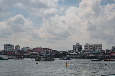 Chonburi.thailand 07.05.2022.Cityscape of Pattaya from  ferry boat kohlarn pattaya thailand.Pattaya is a city in Thailand. It is on the east coast of the Gulf of Thailandのeditorial素材