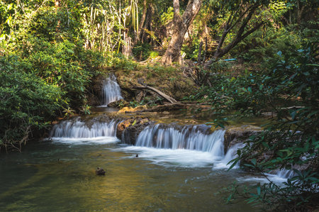Beautiful Kroeng Krawia Waterfall at kanchanaburi city thailand.Khao Laem National Parkの写真素材