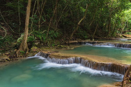 Landscape view of Erawan waterfall kanchanaburi thailand.Erawan National Park is home to one of the most popular falls in the thailand.の写真素材
