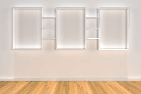 Shelves on color wall with wood floorの写真素材