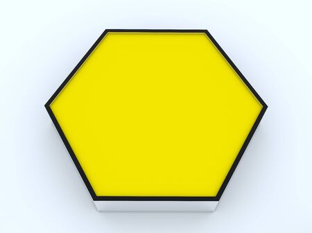 One blank yellow hexagon box display new design aluminum frame template for design work, on white background.の写真素材