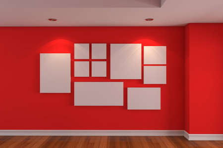 Empty interior room Gallery The picture on the red wall  Decorated color wall and wood floor with empty room  の写真素材