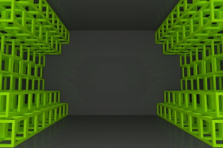 Abstract green square truss wall with empty roomの写真素材