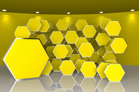 Abstract interior rendering with empty room curved color yellow wall and hexagon  box display の写真素材