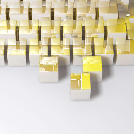 Abstract golden cubes on white background, ideal for business and industrial background の写真素材